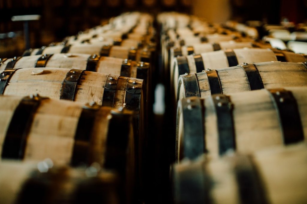 Barrels of bourbon aging in a cellar in Kentucky (KY)