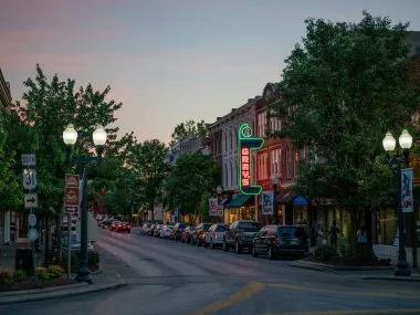 Main street in Franklin, TN, a small town with historic charm.