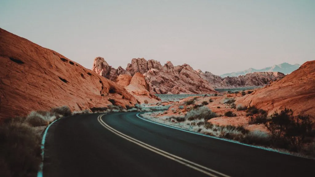 Road driving through Red Desert, Wyoming 